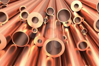 Metallurgical industry production and non-ferrous industrial products abstract illustration - many different various sized stainless metal shiny copper pipes abstract background, 3D illustration