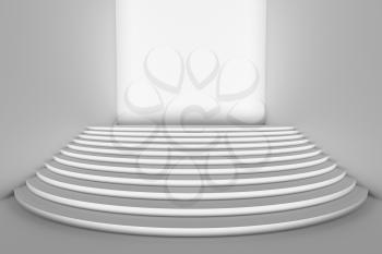 Stage with white round stairs in empty white room with direct front light, wide angle front view, abstract architectural 3d illustration 