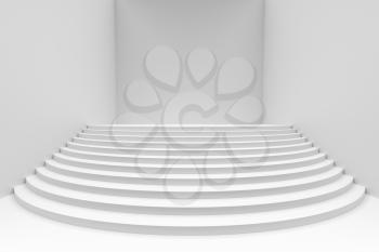 Stage with white round stairs in empty white room, wide angle view, abstract architectural 3d illustration 