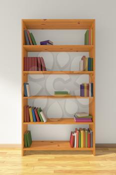 Wooden bookcase on brown wooden parquet floor about white wall with many different books on bookshelves, 3D illustration