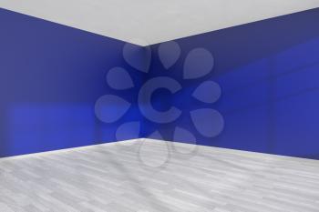 Corner of empty room with blue flat smooth walls, white wooden parquet floor and baseboard under sun light through window, minimalist interior 3D illustration