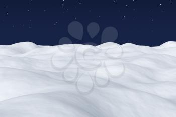 White snow field with hills and smooth snow surface under bright clear winter night north sky with bright stars arctic winter minimalist landscape background 3d illustration.