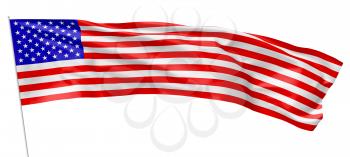 Long flag of United States of America with stars and stripes with flagpole flying and waving in the wind isolated on white, long flag, 3d illustration