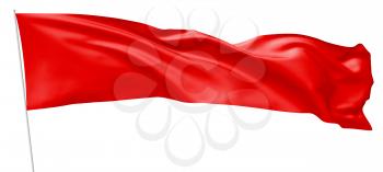 Long red flag on flagpole flying and waving in the wind isolated on white, 3d illustration.
