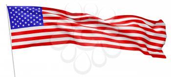 National flag of United States of America with stars and stripes with flagpole flying and waving in wind isolated on white long flag, 3d illustration.