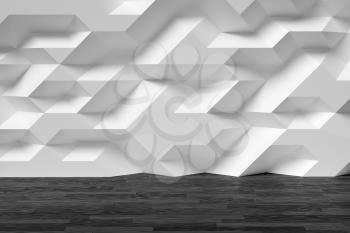 White abstract room wall with futuristic bumpy polygonal geometric surface and black wooden parquet floor 3d illustration