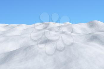 White snowy field with hills and smooth snow surface under bright clear winter blue sky arctic winter minimalist landscape 3d illustration