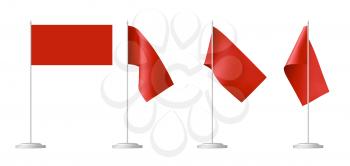 Small red table flag on stand set isolated on white, 3D illustration.