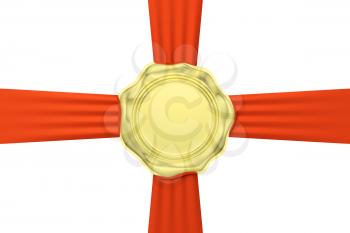 Gold sealing wax seal stamp without sign on red ribbon cross isolated on white background, 3d illustration