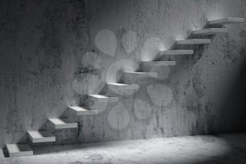 Business rise, forward achievement, progress way, success and hope creative concept: Ascending stairs of rising staircase in dark rough empty room with light 3d illustration