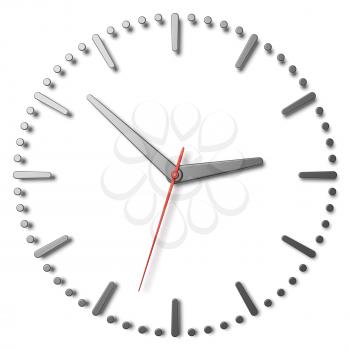 Simple clock face with metal hour hand, metal minute hand and red second hand with shadows on white clock face with metal hours and minutes markers, 3d illustration 