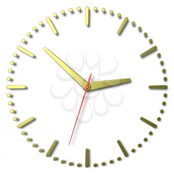 Simple clock face with yellow metal hourand minute hands and red second hand with shadows on white clock face with yellow metal hours and minutes markers, 3d illustration 