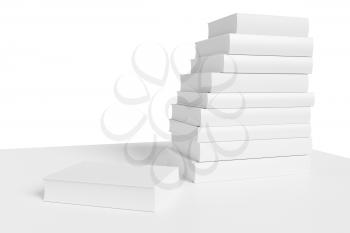 White bookshelf with stack of white books isolated on white background, colorless bleached 3D illustration, closeup