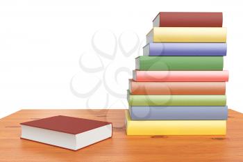 Simple wooden bookshelf with stack of colored books isolated on white 3D illustration