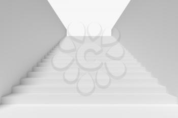 Long staircase with white stairs and walls and small shadow on left in underground passage going up to the light, 3d illustration