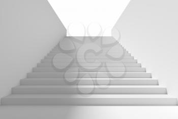 Long staircase with white stairs and walls and shadow on left in underground passage going upward, 3d illustration.