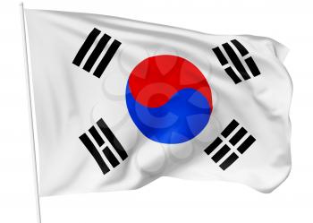 National flag of South Korea republic with flagpole flying and waving in the wind isolated on white, 3d illustration