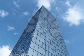 Low angle view of modern skyscraper in business district in day sunlight under blue sky with clouds raising to sky, business offices corporate building with blue windows, 3D illustration