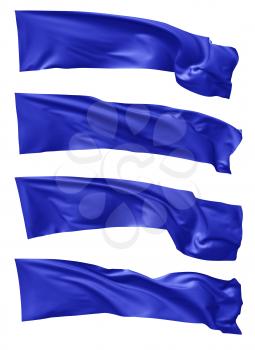Long blue flag flying and waving in the wind isolated on white collection, 3d illustration set