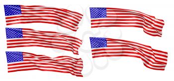 National flag of United States of America with stars and stripes flying and waving in wind isolated on white collsection, long flag, 3d illustration set