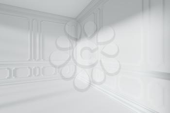 Simple white empty room corner interior with sunlight from window, with white decorative classic style molding frames on walls, with flat ceiling, floor and baseboard, 3d illustration