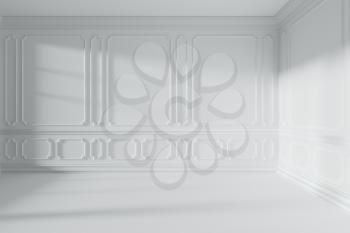 Simple white empty room interior with bright sunlight from window, with white decorative classic style molding frames on walls, with flat ceiling, floor and baseboard, 3d illustration