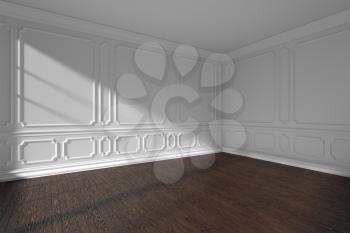 White empty room interior with sunlight from window, decorative classic style molding frames on walls, dark wooden parquet floor, 3d illustration.
