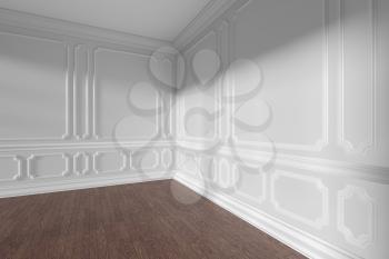 Empty white room corner interior with sunlight from window, decorative classic style molding on walls, dark wooden parquet floor and white baseboard, 3d illustration