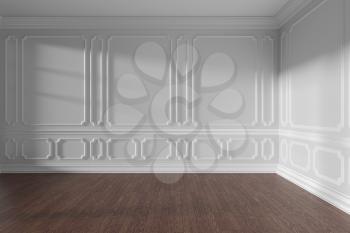White empty room interior with sunlight from window, decorative classic style molding on wall, dark wooden parquet floor and white baseboard, 3d illustration