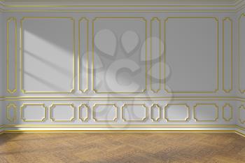White empty room wall interior with sunlight from window, golden decorative classic style molding on walls, wooden parquet floor and white baseboard, 3d illustration