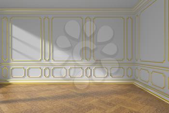 Empty white room interior with sunlight from window, golden decorative classic style molding on walls, wooden parquet floor and white baseboard, 3d illustration