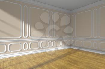 Empty beige room interior with sunlight from window, white decorative classic style molding on walls, wooden parquet floor and white baseboard, 3d illustration, closeup