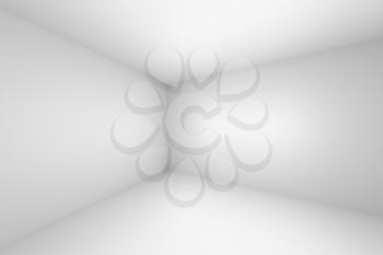 Corner of abstract empty white room with white wall, floor, ceiling without any textures, colorless 3d illustration