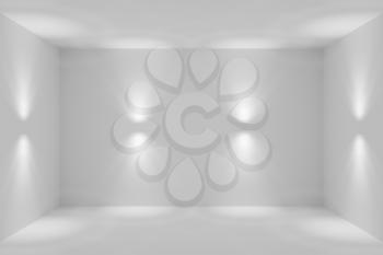 Abstract empty white room with wall lamp spotlights with walls, floor and ceiling without any textures, colorless 3d illustration