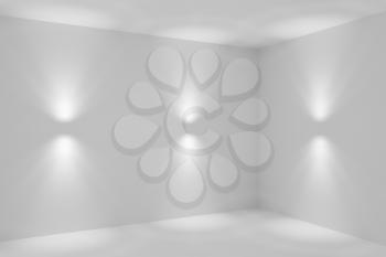 Abstract empty white room corner with wall lamp spotlights with walls, floor and ceiling without any textures closeup, colorless 3d illustration