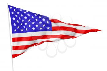 Triangular national flag of United States of America on flagpole flying in the wind isolated on white, 3d illustratio