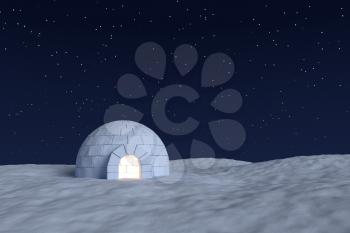 Winter north polar snowy landscape: eskimo house igloo icehouse with warm light inside made with snow at night on the surface of snow field under cold night north sky with bright stars front view