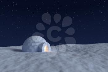 Winter north polar snowy landscape: eskimo house igloo icehouse with warm light inside made with snow at night on the surface of snow field under cold night sky with bright north stars