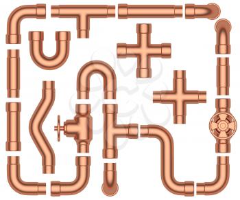 Copper pipeline construction details set: copper pipes, valves, tubes, fittings, couplers and other copper pipeline elements collection isolated on white background, industrial 3d illustration