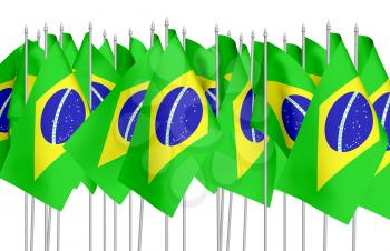 Many small flags of Federative Republic of Brazil in row isolated on white background, 3d illustration