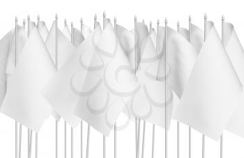 Many small white flags in row isolated on white background, 3d illustration