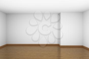 Empty room with white ceiling and walls, brown hardwood parquet floor and soft light, simple minimalist interior architecture background with copy-space, 3d illustration.