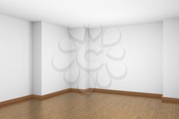 Empty room with white ceiling and walls, brown wood parquet floor and soft light, simple minimalist interior architecture background with copy-space, 3d illustration.