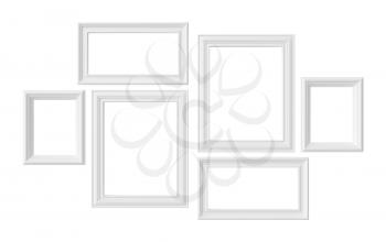 White blank photoframes isolated on white background, white colorless picture frames template set, photoframe mock-up 3D illustration