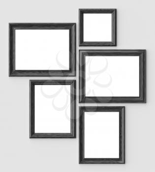 Black wood blank picture or photo frames on white wall with shadows with copy-space, decorative wooden picture frames template set, art frame mock-up 3D illustration