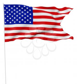 National flag of United States of America with stars and stripes with flagpole with angle flying and waving in wind isolated on white, 3d illustration.
