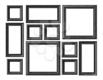 Black wood blank photo or picture frames isolated on white background, decorative wooden picture frames template set, art frame mock-up 3D illustration