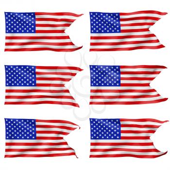 National flag of United States of America with stars and stripes with angle flying and waving in the wind isolated on white 3d illustration set