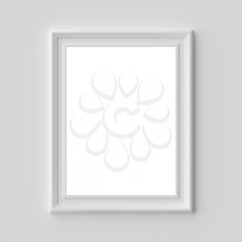 White blank picture or photo frame on white wall vertical, with shadows with copy-space, white colorless picture frame template, art frame mock-up 3D illustration