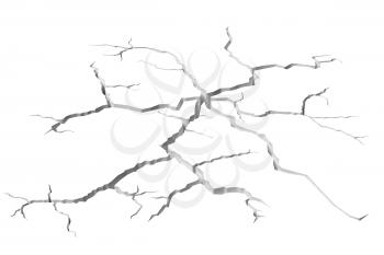 Abstract illustration of the danger, destruction and damage concept: cracks in white surface of the white wall or white floor, closeup view, abstract 3d illustration